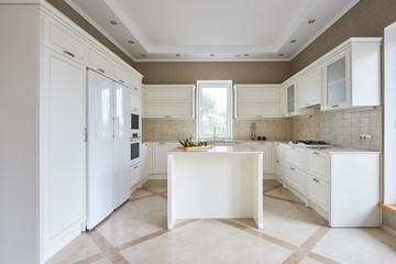 Island in the white kitchen in the classic style