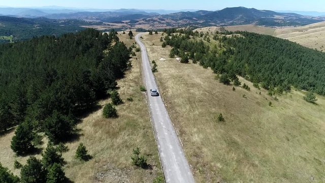 Car on Mountainous Road With Meadow, Evergreen Forest and Peaks on Horizon. Zlatibor, Serbia Aerial