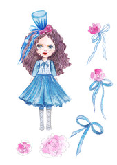 Illustration watercolor drawing of a little princess in a magnificent dress and a hat or crown on her head on an isolated white background