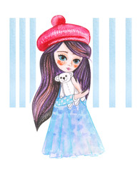 Illustration watercolor drawing little princess in blue dress and red beret on an isolated white background