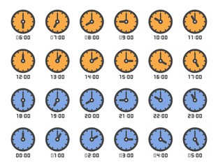 analog clock and time 1 to 24 o'clock icon set,vector and illustration