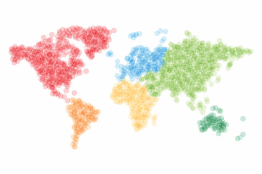World map mosaic of small bubbles in defferent color for each continent. Dotted design. Simple flat vector illustration