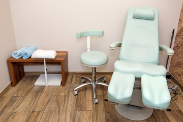Chairs in a pedicure beauty salon. Interior of empty modern nail salon. Work places for masters of manicure. Pedicure cabinet.