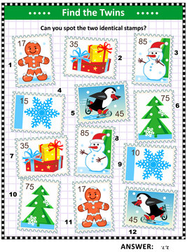 Christmas, winter or New Year picture puzzle with postage stamps: Can you spot two identical postage stamps? Answer included.