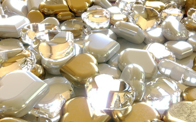 Glittery gold and silver hearts background 3D