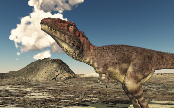 Dinosaurier Mapusaurus und aktiver Vulkan