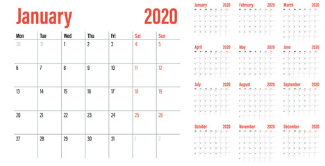 Calendar planner 2020 template vector illustration all 12 months week starts on Monday and indicate weekends on Saturday and Sunday