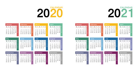 Year 2020 and Year 2021 calendar horizontal vector design template, simple and clean design. Calendar for 2020 and 2021 on White Background for organization and business. Week Starts Monday.