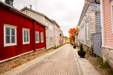 Street in Old town of Porvoo in Finland.	