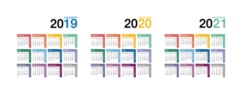 Year 2019 and Year 2020 and Year 2021 calendar vector design template, simple and clean design. Week Starts Monday. 