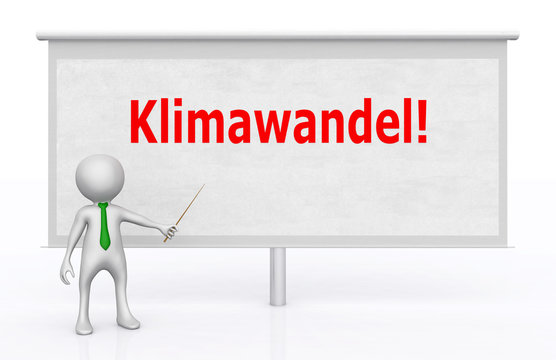 3D Figur vor Bildwand mit dem Wort Klimawandel