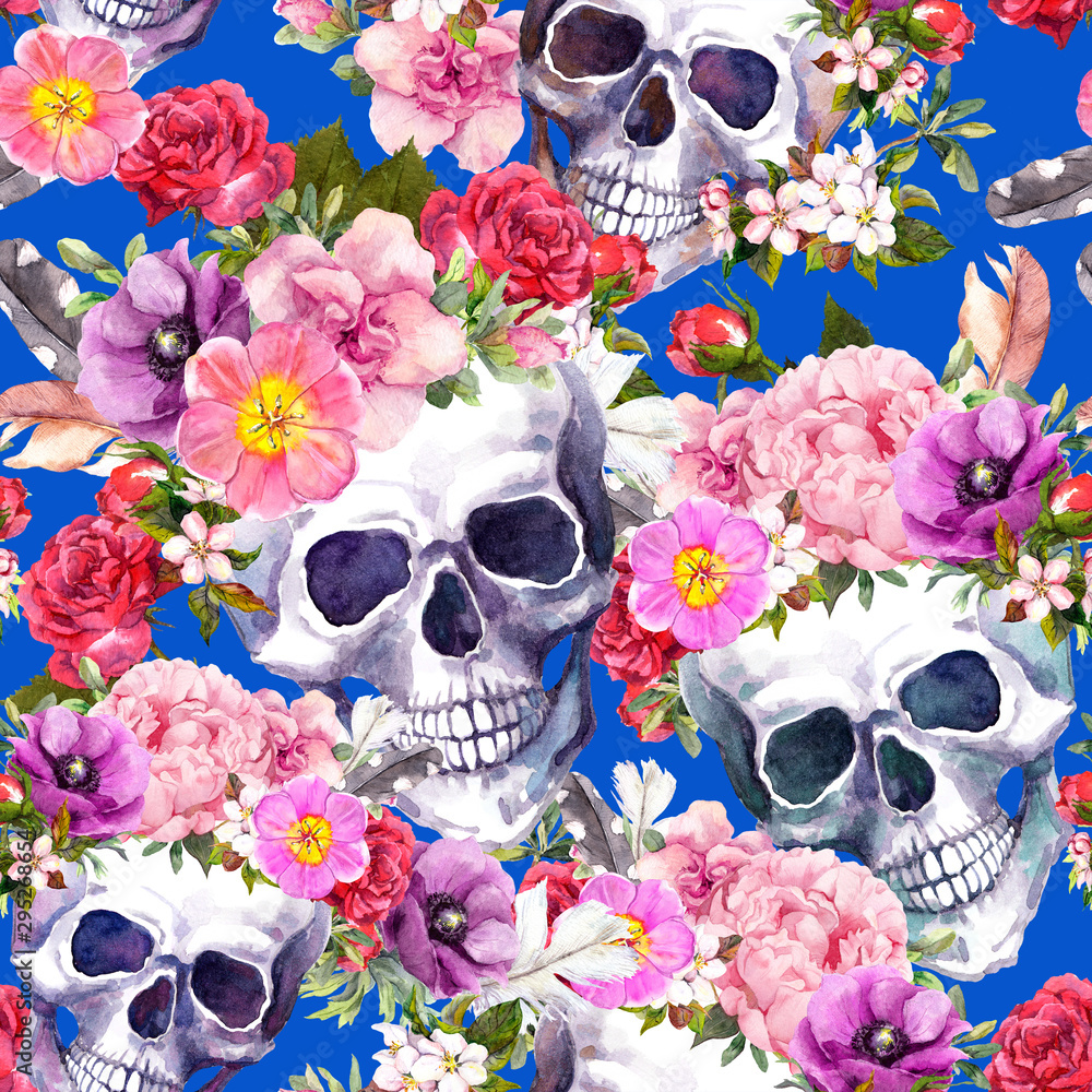 Wall mural Human skulls with flowers, feathers for Day of Death or Halloween. Seamless pattern on blue background. Watercolor