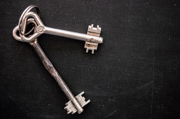 bunch of old keys on wooden background