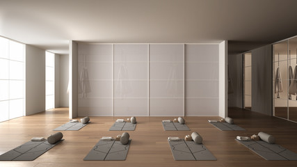 Empty yoga studio interior design, space with mats, hammocks, pillows and accessories, parquet, mirror, room divider and big panoramic window, ready for yoga practice, meditation