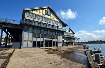 Restored old dock buildings on Jones Bay Wharf are now home for luxury restaurants, bars, venues and offices. Pyrmont, Sydney, Australia