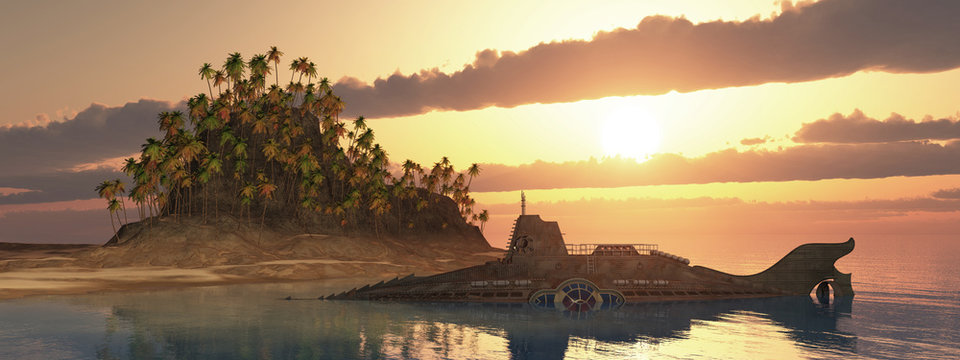 Fantasie Unterseeboot und tropische Insel bei Sonnenuntergang