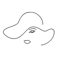 Woman abstract face with hat, line drawing. Hand drawn outline illustration. Portret female. Vector illustration