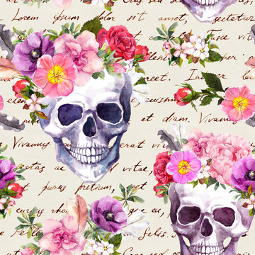 Human skulls, flowers for Dia de Muertos holiday. Repeating background with handwritten letters. Watercolor