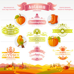 Thanksgiving icon logo festival set. Turkey, pumpkin, pie, autumn leaf, fall harvest vegetables fruits. Cartoon 3d Happy Thanks giving day vector illustration, isolated rural landscape background.