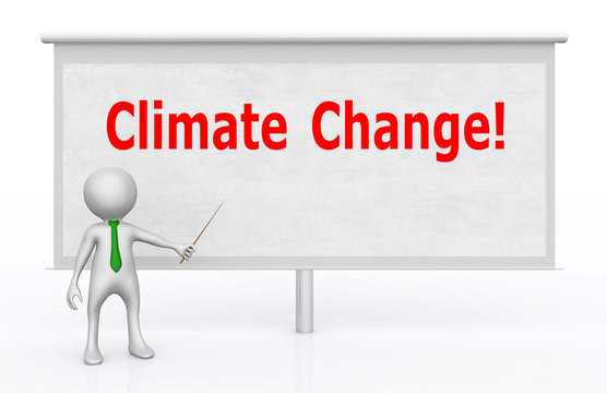 3D Figur vor Bildwand mit den Wörtern Climate Change