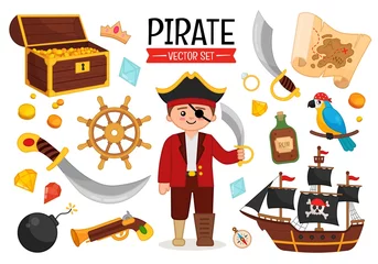 Fototapete Piraten Vektor-Set von Cartoon-Piraten-Zubehör. Illustration eines Piraten mit einem Säbel, einem Piratenschiff, einer Schatzkiste, einer Vintagen Karte und mehr.