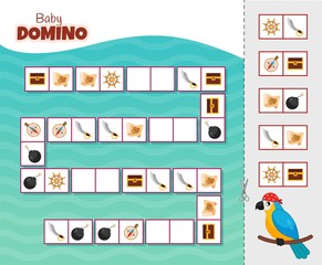 Activity for pre sсhool years kids and toddlers. Educational children game. Baby domino. Cartoon cute pirate parrot.