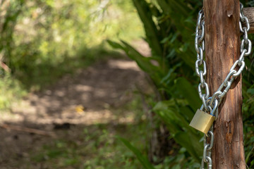 Locker with chain close up with blurred green background and copy space. Padlock secret symbol outdoors