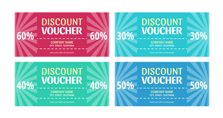Set of pastel discount vouchers with 30, 40, 50, 60% sale. Vector red, blue, green and green blue coupon templates with sample text. Standard scaled size: 210*99 mm (8,3*3,4 in)