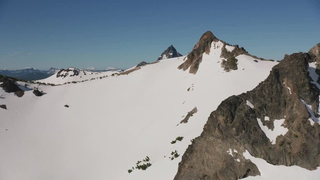 Cascade Mountains, Oregon circa-2019.  Aerial view of Mount Thielsen.  Shot from helicopter with Cineflex gimbal and RED 8K camera.