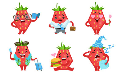 Cute Strawberry Cartoon Character Set, Funny Fruit in Different Situations Vector Illustration