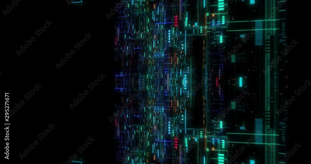 Poster seamless loop of abstract futuristic technological background, floating circuits, charts, digits ele