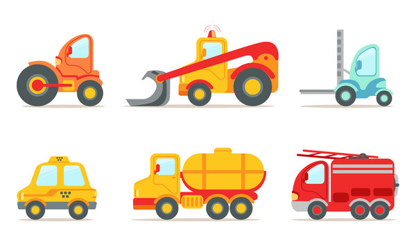 Vehicles and Construction Machinery Set, Tractor, Crawler, Bulldozer, Taxi, Fire Truck Vector Illustration