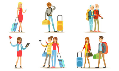Fototapeta na wymiar Travelling People Set, Tourists Characters with Suitcases and Backpacks, Men and Women Going on Vacation Vector Illustration