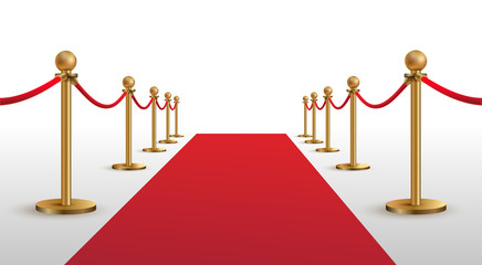 Red carpet and golden barriers realistic vector. VIP event, luxury celebration. Celebrity party entrance. Grand opening cinema premiere. Shiny fencing vector illustration. Isolated on white background