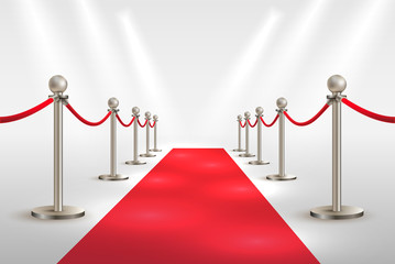 Red carpet and silver barriers realistic vector. VIP event, luxury celebration. Celebrity party entrance. Grand opening cinema premiere. Shiny fencing vector illustration. Isolated on white background