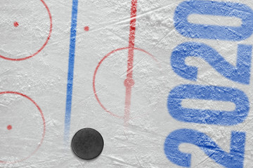 Hockey puck and fragment of the hockey arena with markings
