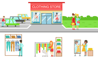 Obraz na płótnie Canvas People Shopping for Clothes in Store Set, Clothing Shop Building and Interior Elements Vector Illustration