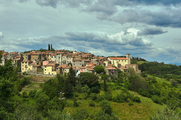 Fototapeta na wymiar View of the hill with houses and the bell tower of the city of Scansano in Tuscany.