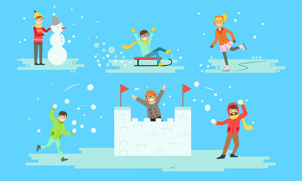 Winter Activities Set, People Playing Snowballs, Sledding, Making Snow Castle Vector Illustration
