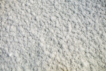 Salt crystals on the salty surface of desert close up. Natural background with copy space