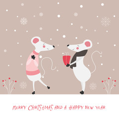 Cute Christmas card, Year of the rat 2020, Merry Christmas and a Happy New Year