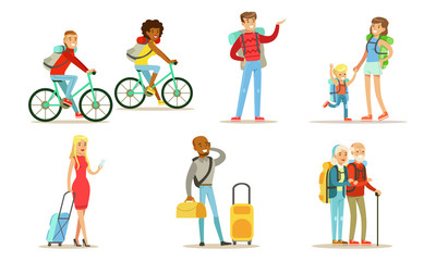 Fototapeta na wymiar Travelling and Hiking People Set, Tourists Characters Riding Bikes, Men and Women with Backpacks Going on Vacation Vector Illustration