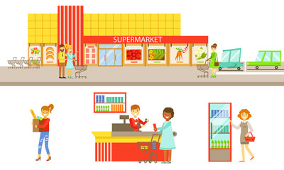 Supermarket Interior Elements Set, People Choosing and Buying Products in the Shop Vector Illustration