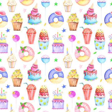 Illustration seamless pattern drawn by watercolor confectionery: cakes, muffins, macaroons on the background.