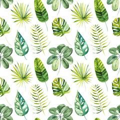Illustration seamless pattern drawn by watercolor exotic tropical green leaves on background.