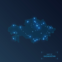 Kazakhstan map with cities. Luminous dots - neon lights on dark background. Vector illustration.