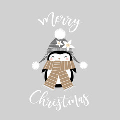 Cute penguin girl with Christmas slogan on grey background. Perfect for tee shirt logo, greeting card, poster, invitation or print design. 