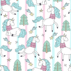 Cute hand drawn Christmas character unicorn. Christmas print with Unicorn. vector illustration. print for kids. cartoon print. Cute seamless pattern.