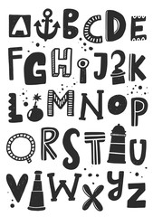 Creative cartoon typeset. Pirates hand drawn vector alphabet. Anchor, lighthouse, spyglass isolated cliparts collection. Grunge letters with ink drops.