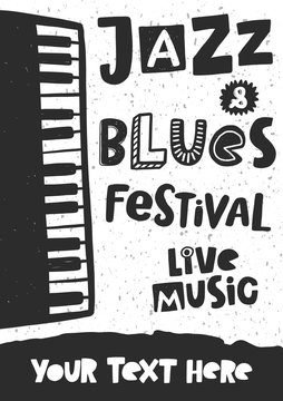 Music festival vector banner template. Jazz and blues concert, piano silhouette with stylized lettering. Cultural entertainment. Musical instrument with notes, live show poster with text space